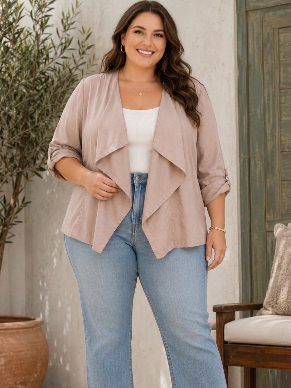 ASTR The Label Mauve Pink Waterfall Draped Collar Roll-Tab Sleeve Jacket Size L